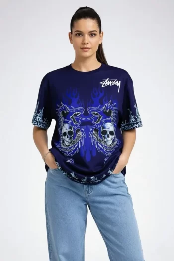 Lacivert Oversize Tişört Dragon - Kuru Kafa Baskılı Bisiklet Yaka T-Shirt - Lacivert