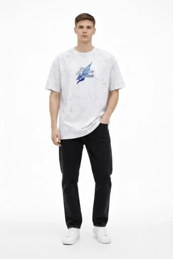 Erkek Asit Yıkamalı Oversize Tişört Future Worlds Baskılı Bisiklet Yaka Kısa Kollu Streetwear %100 Pamuk Street Style T-Shirt - Beyaz