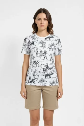 Beyaz Dinozor Desenli Tişört – Regular Kalıp