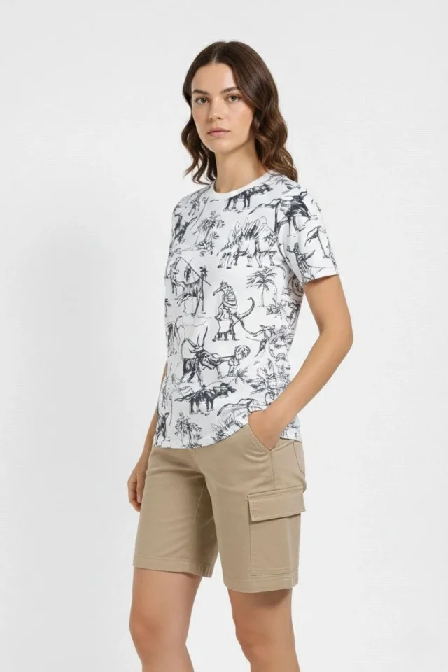 Dijital Baskılı Pamuklu T-Shirt - Beyaz Dijital Baskılı Pamuklu T-Shirt - Beyaz