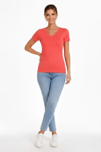 T-Shirt V Yaka Slim Fit Likralı Tişört Günlük Basic Body - Nar Çiçeği