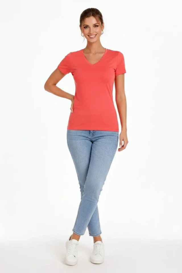 T-Shirt V Yaka Slim Fit Likralı Tişört Günlük Basic Body - Nar Çiçeği T-Shirt V Yaka Slim Fit Likralı Tişört Günlük Basic Body - Nar Çiçeği