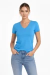 T-Shirt V Yaka Slim Fit Likralı Tişört Günlük Basic Body – Açık Mavi