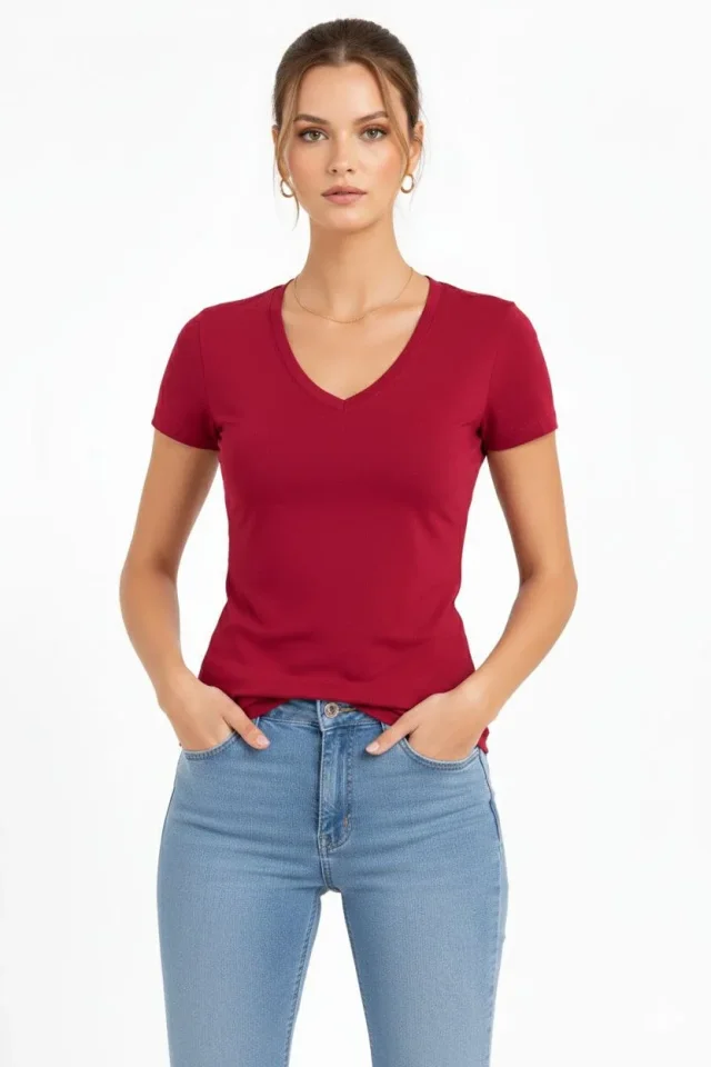 T-Shirt V Yaka Slim Fit Likralı Tişört Günlük Basic Body - Bordo T-Shirt V Yaka Slim Fit Likralı Tişört Günlük Basic Body - Bordo