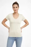 T-Shirt V Yaka Slim Fit Likralı Tişört Günlük Basic Body – Taş