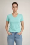 T-Shirt V Yaka Slim Fit Likralı Tişört Günlük Basic Body – Turkuvaz