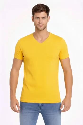 Erkek T-Shirt V Yaka Slim Fit Dar Kesim Likralı Tişört Günlük Basic Body - Limon