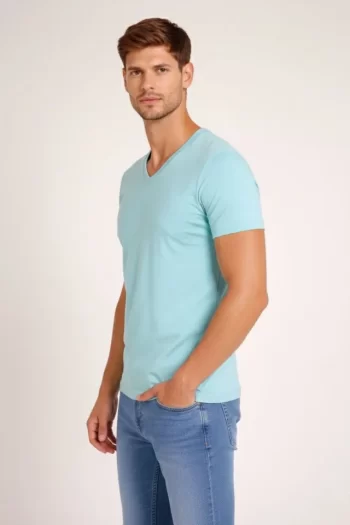 Erkek T-Shirt V Yaka Slim Fit Dar Kesim Likralı Tişört Günlük Basic Body - Turkuvaz