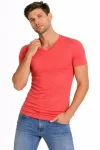 Erkek T-Shirt V Yaka Slim Fit Dar Kesim Likralı Tişört Günlük Basic Body – Nar Çiçeği
