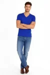Erkek T-Shirt V Yaka Slim Fit Dar Kesim Likralı Tişört Günlük Basic Body – Saks Mavisi