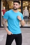 Erkek T-Shirt Bisiklet Yaka Slim Fit Dar Kesim Likralı Tişört Günlük Basic Body – Açık Mavi