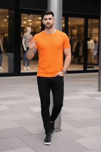 Erkek T-Shirt Bisiklet Yaka Slim Fit Dar Kesim Likralı Tişört Günlük Basic Body - Turuncu