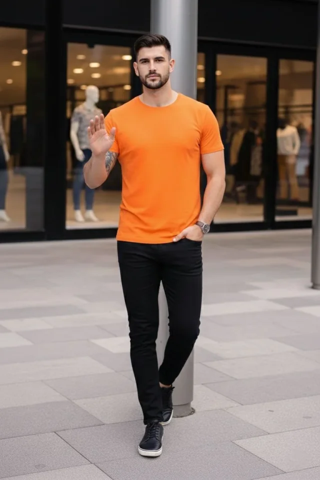 Erkek T-Shirt Bisiklet Yaka Slim Fit Dar Kesim Likralı Tişört Günlük Basic Body - Turuncu Erkek T-Shirt Bisiklet Yaka Slim Fit Dar Kesim Likralı Tişört Günlük Basic Body - Turuncu