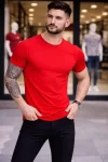 Erkek T-Shirt Bisiklet Yaka Slim Fit Dar Kesim Likralı Tişört Günlük Basic Body – Kırmızı