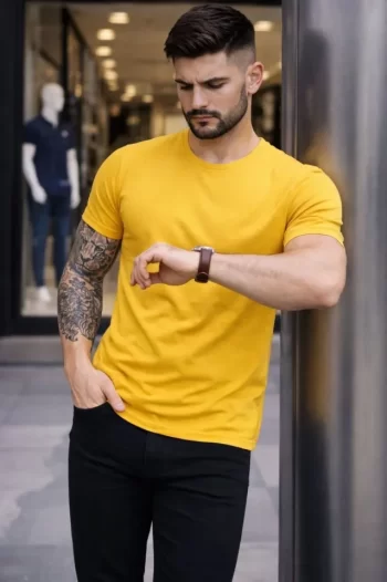 Erkek T-Shirt Bisiklet Yaka Slim Fit Dar Kesim Likralı Tişört Günlük Basic Body - Sarı