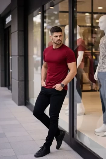 Erkek T-Shirt Bisiklet Yaka Slim Fit Dar Kesim Likralı Tişört Günlük Basic Body - Bordo