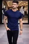 Erkek T-Shirt Bisiklet Yaka Slim Fit Dar Kesim Likralı Tişört Günlük Basic Body – Lacivert