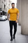 Erkek T-Shirt Bisiklet Yaka Slim Fit Dar Kesim Likralı Tişört Günlük Basic Body – Limon