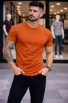 Erkek T-Shirt Bisiklet Yaka Slim Fit Dar Kesim Likralı Tişört Günlük Basic Body – Koyu Turuncu