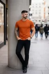 Erkek T-Shirt Bisiklet Yaka Slim Fit Dar Kesim Likralı Tişört Günlük Basic Body – Koyu Turuncu