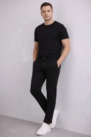 Erkek Diagonel Mikro Dokulu Duble Paça Cepli Pantolon Bağcıklı Bel