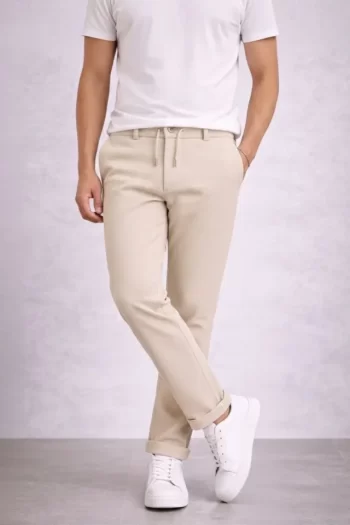 Erkek Diagonel Mikro Dokulu Duble Paça Cepli Pantolon Bağcıklı Bel