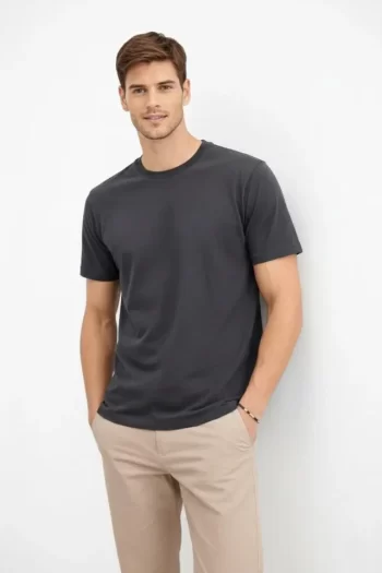 Erkek Bisiklet Yaka Tişört Regular Kalıp Basic Pamuklu Günlük Kullanım T-shirt - Füme