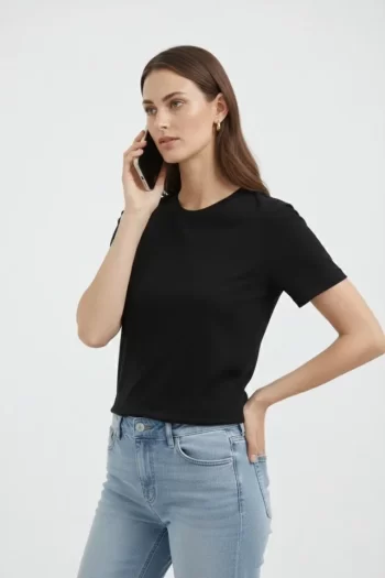 Bisiklet Yaka Tişört Regular Kalıp Basic Pamuklu Günlük Kullanım T-shirt - Siyah