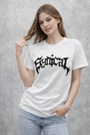 Bisiklet Yaka Ön Baskılı Kısa Kollu Tişört Streetwear Günlük Basic Pamuklu T-shirt - Beyaz