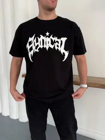 Erkek Bisiklet Yaka Ön Baskılı  Kısa Kollu Tişört Streetwear Günlük Basic Pamuklu T-shirt - Siyah