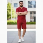 Erkek Waffle Kumaş Kısa Kollu Gömlek Şort Takım Regular Fit Yazlık İkili Set – Bordo