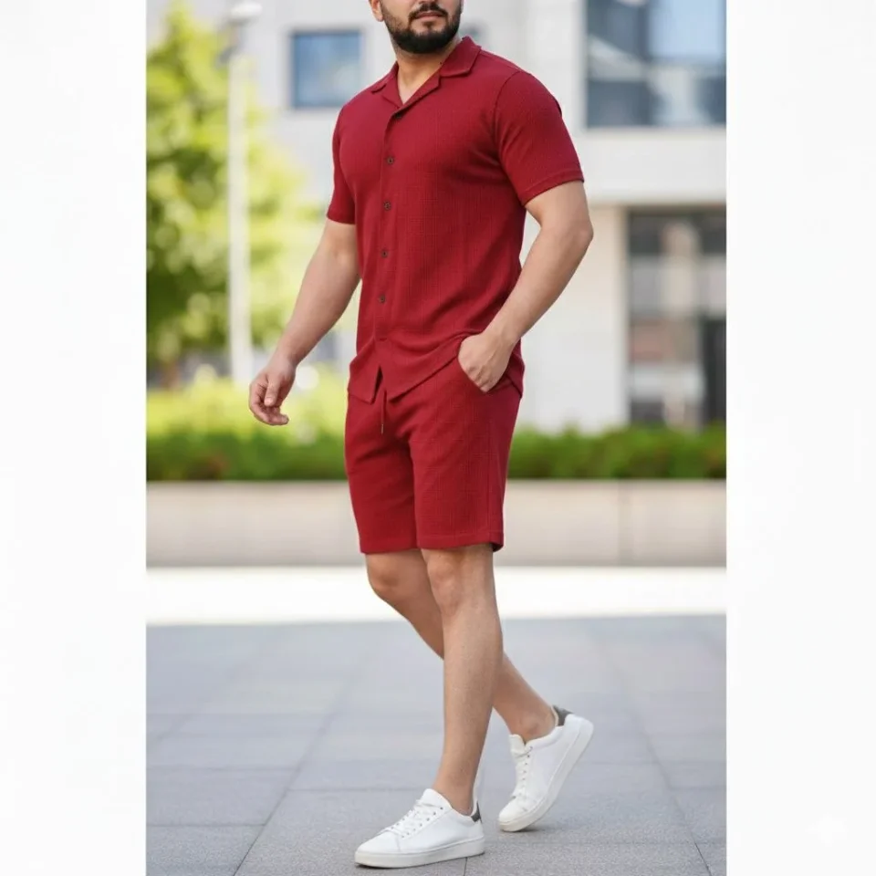 Erkek Waffle Kumaş Kısa Kollu Gömlek Şort Takım Regular Fit Yazlık İkili Set - Bordo Erkek Waffle Kumaş Kısa Kollu Gömlek Şort Takım Regular Fit Yazlık İkili Set - Bordo
