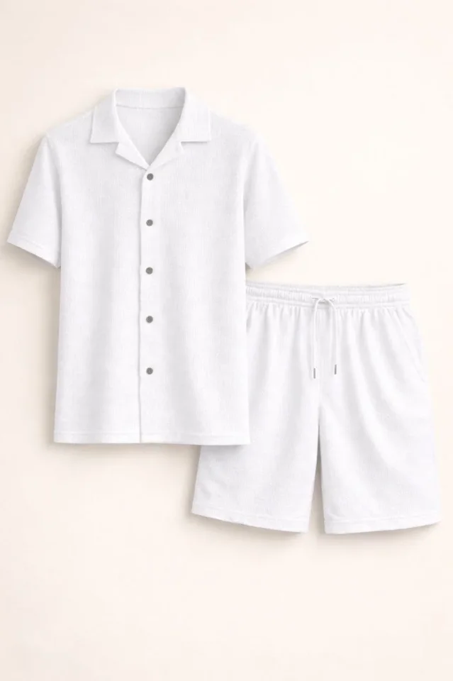 Erkek Waffle Kumaş Kısa Kollu Gömlek Şort Takım Regular Fit Yazlık İkili Set - Beyaz Erkek Waffle Kumaş Kısa Kollu Gömlek Şort Takım Regular Fit Yazlık İkili Set - Beyaz