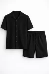 Erkek Waffle Kumaş Kısa Kollu Gömlek Şort Takım Regular Fit Yazlık İkili Set – Siyah