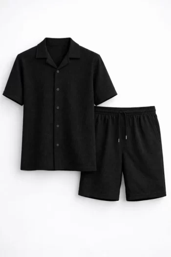 Erkek Waffle Kumaş Kısa Kollu Gömlek Şort Takım Regular Fit Yazlık İkili Set - Siyah