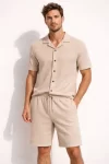 Erkek Waffle Kumaş Kısa Kollu Gömlek Şort Takım Regular Fit Yazlık İkili Set – Bej