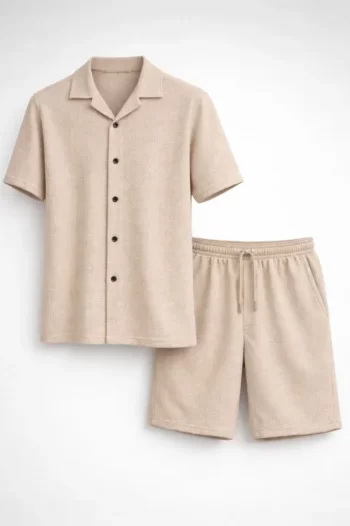 Erkek Waffle Kumaş Kısa Kollu Gömlek Şort Takım Regular Fit Yazlık İkili Set - Bej