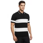 Erkek T-shirt Çizgili Triko Dokuma Kumaş Polo Yaka Yarım Fermuarlı Regular Kalıp Tişört - Siyah