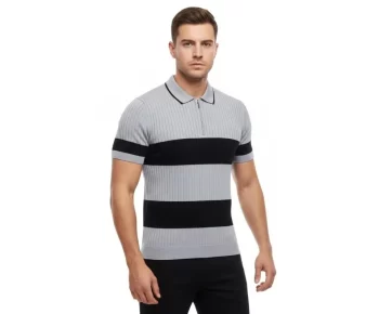 Erkek T-shirt Çizgili Triko Dokuma Kumaş Polo Yaka Yarım Fermuarlı Regular Kalıp Tişört - Gri