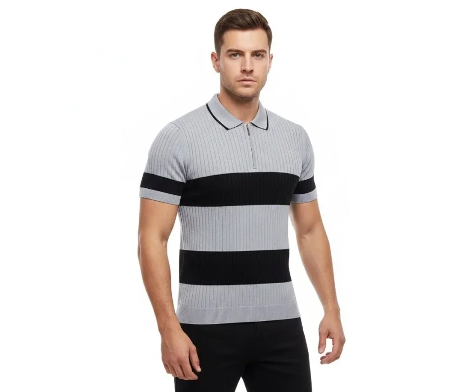 Erkek T-shirt Çizgili Triko Dokuma Kumaş Polo Yaka Yarım Fermuarlı Regular Kalıp Tişört - Gri Erkek T-shirt Çizgili Triko Dokuma Kumaş Polo Yaka Yarım Fermuarlı Regular Kalıp Tişört - Gri