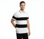 Erkek T-shirt Çizgili Triko Dokuma Kumaş Polo Yaka Yarım Fermuarlı Regular Kalıp Tişört – Beyaz