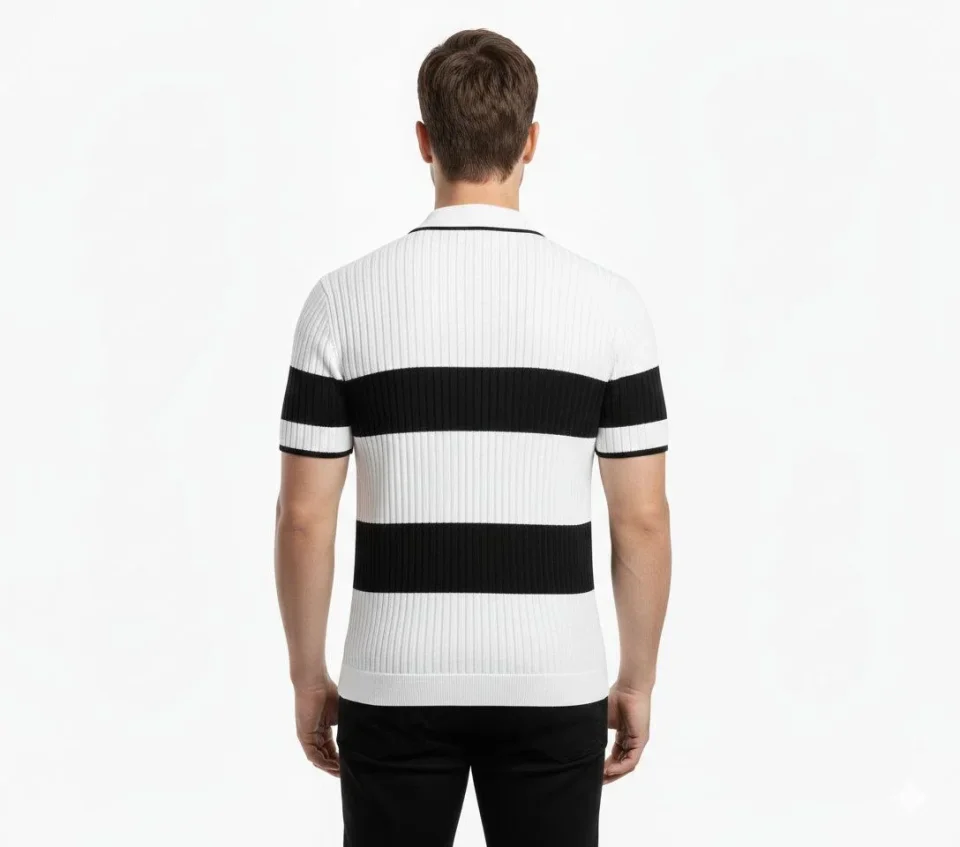 Erkek T-shirt Çizgili Triko Dokuma Kumaş Polo Yaka Yarım Fermuarlı Regular Kalıp Tişört - Beyaz Erkek T-shirt Çizgili Triko Dokuma Kumaş Polo Yaka Yarım Fermuarlı Regular Kalıp Tişört - Beyaz