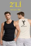 Erkek Spor Fitilli Atlet 2li Set Siyah Ve Bej Slim Fit Kaşkorse Arka Baskılı Spor Atlet