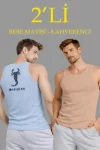 Erkek Spor Fitilli Atlet 2li Set Kahverengi Ve Bebek Mavisi Slim Fit Kaşkorse Arka Baskılı Spor Atlet
