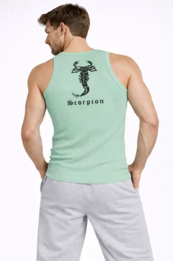 Erkek Spor Fitilli Atlet 2li Set Siyah Ve Mint Yeşili Slim Fit Kaşkorse Arka Baskılı Spor Atlet