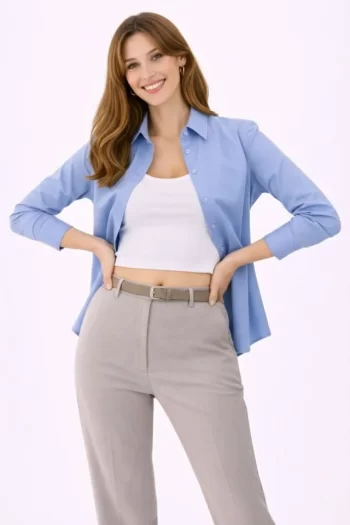 Uzun Kollu Gömlek Düğmeli Klasik Yaka Günlük Ve Ofis Şıklığına Uygun - Mavi