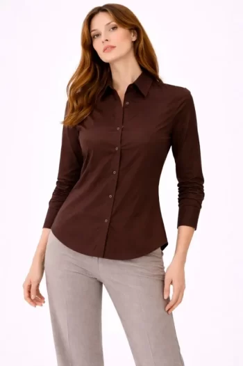 Uzun Kollu Gömlek Düğmeli Klasik Yaka Günlük Ve Ofis Şıklığına Uygun - Kahverengi