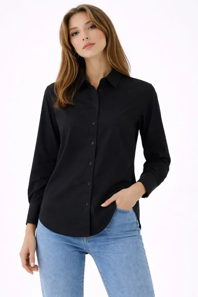 Uzun Kollu Gömlek Düğmeli Klasik Yaka Günlük Ve Ofis Şıklığına Uygun - Siyah Uzun Kollu Gömlek Düğmeli Klasik Yaka Günlük Ve Ofis Şıklığına Uygun - Siyah