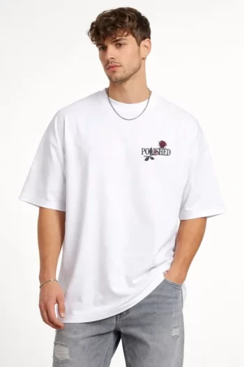 Erkek Bisiklet Yaka Baskılı Kısa Kollu Tişört Streetwear Günlük Basic Pamuklu T-shirt - Beyaz
