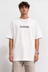 Erkek Bisiklet Yaka Baskılı Kısa Kollu Tişört Streetwear Günlük Basic Pamuklu T-shirt – Beyaz